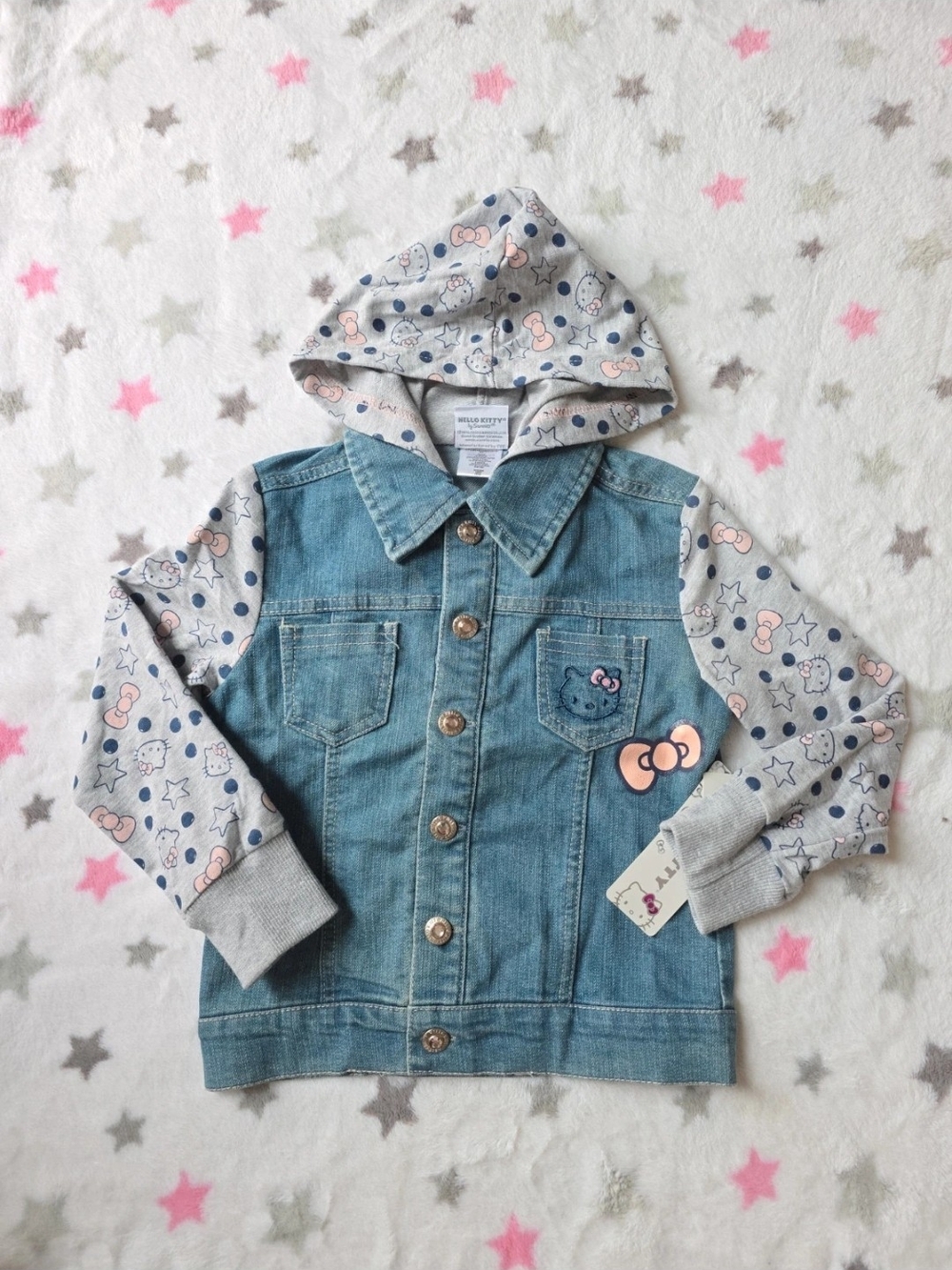 Hello Kitty Blue Denim Jacket with Gray Printed Hood & Sleeves